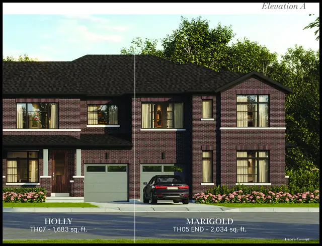 Rendering of the Holly and Marigold freehold townhomes at North Hill by Solmar in Bolton